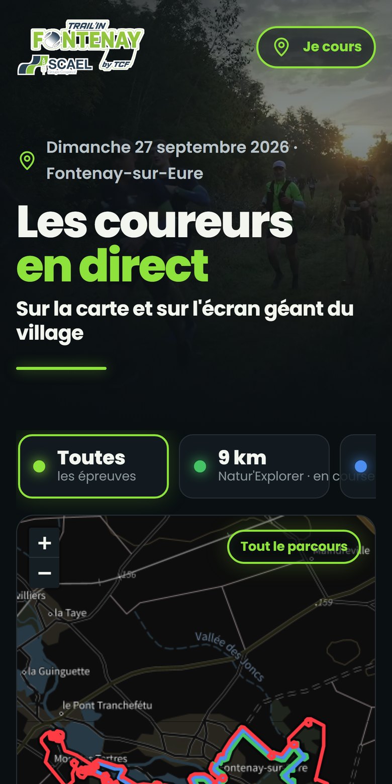 Capture du site trail.flinko.fr sur mobile : carte des parcours et position des coureurs en direct